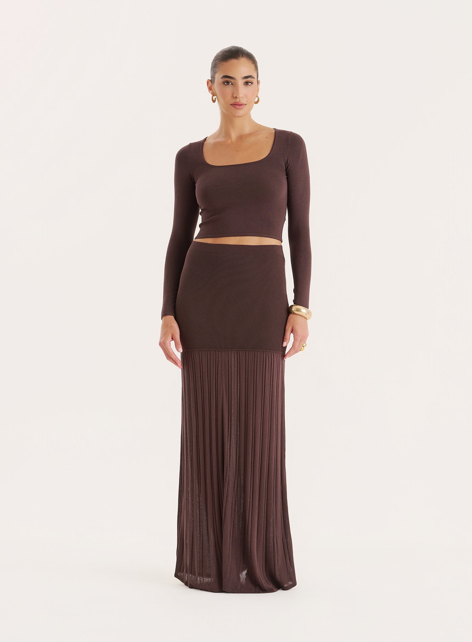 Chocolate Knitted Drop Waist Maxi Skirt